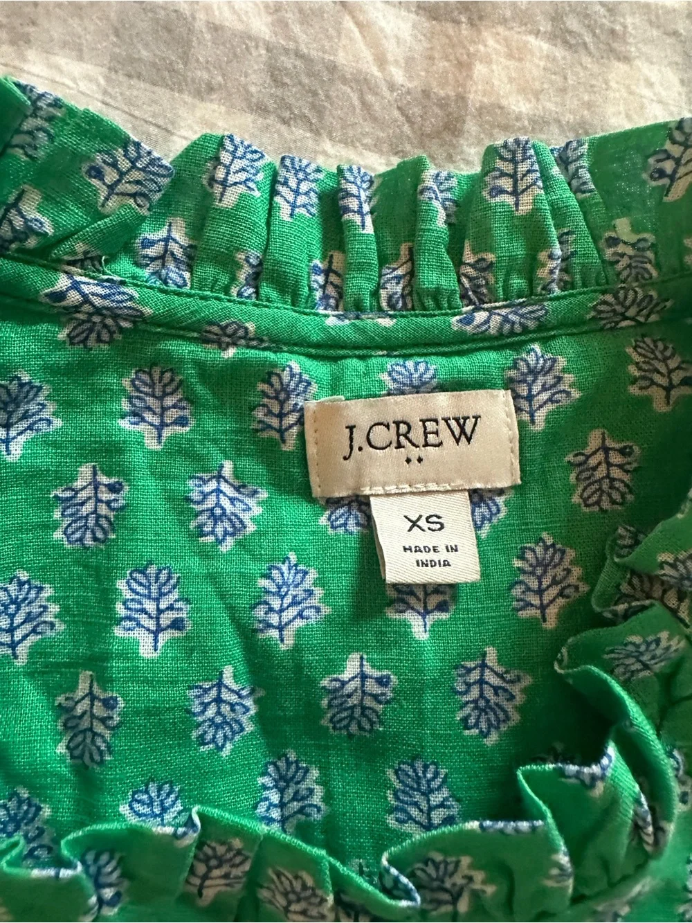 J. Crew Green Floral Ruffle-Sleeve Button Front Blouse